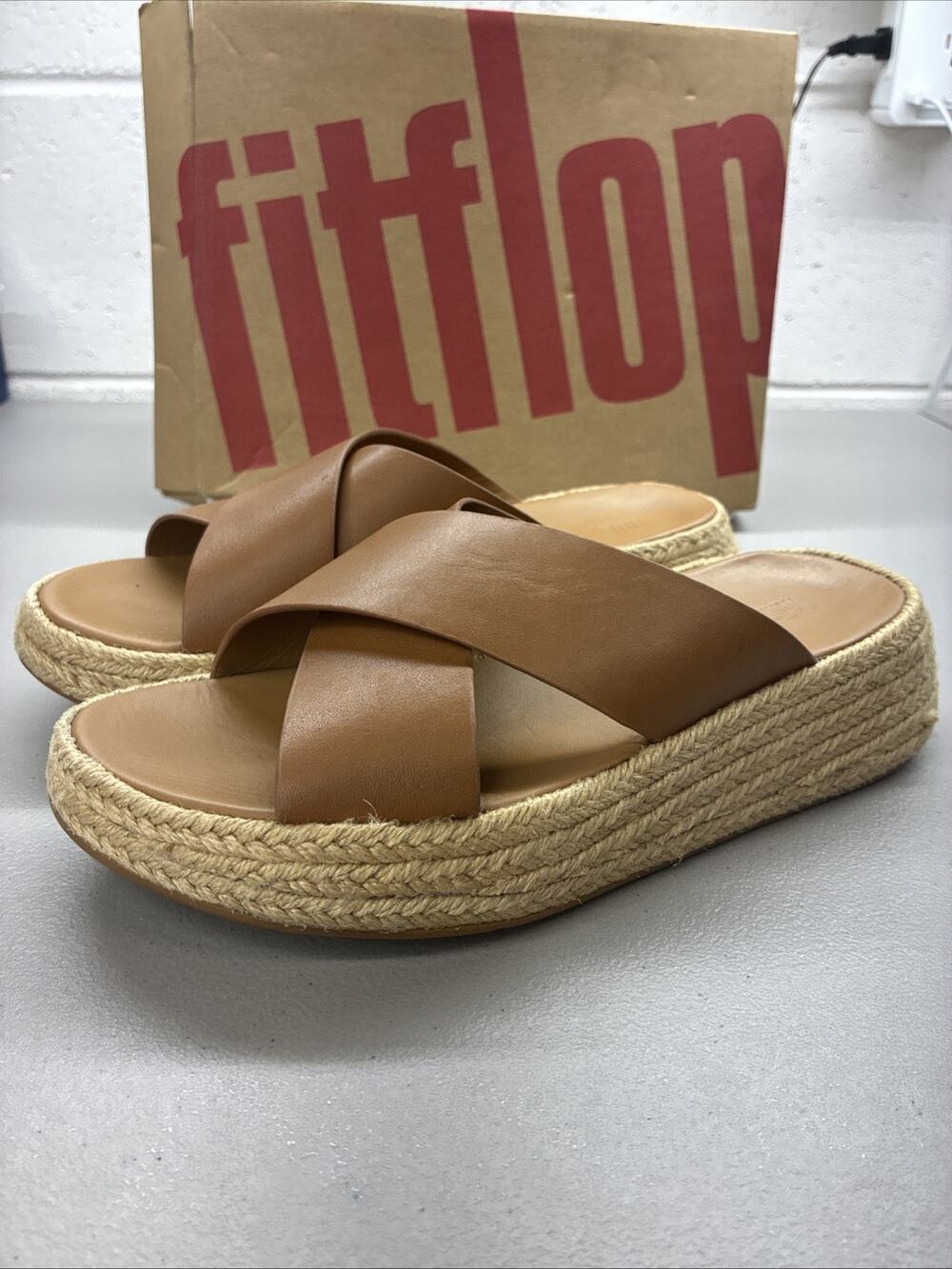 FitFlop F-Mode Espadrille Leather Flatform Cross Slides, Deep Tan, Size 6 Womens